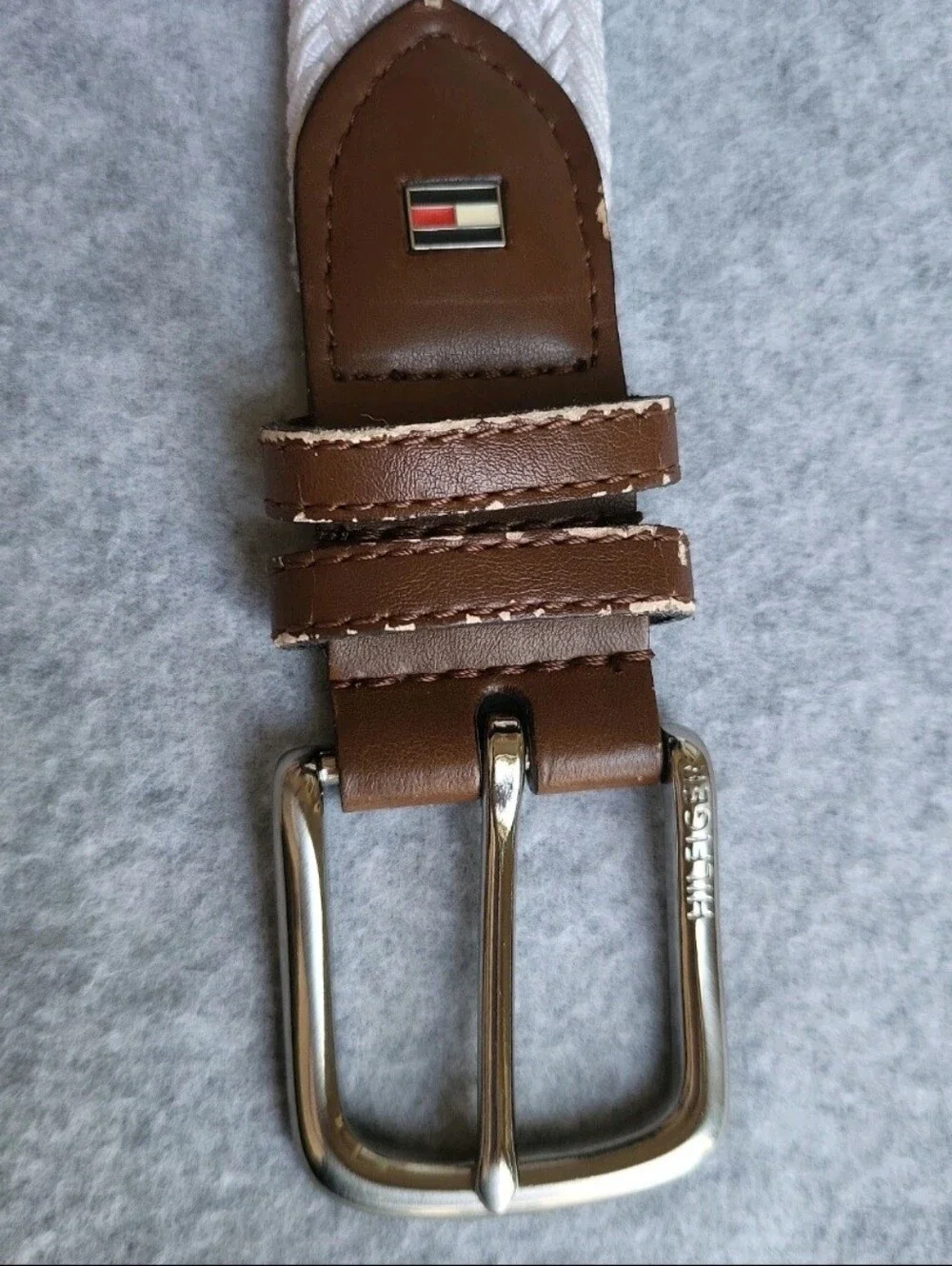 Tommy Hilfiger Belt Mens Small 32-34 White Elastic Canvas Bonded Leather Stretch
